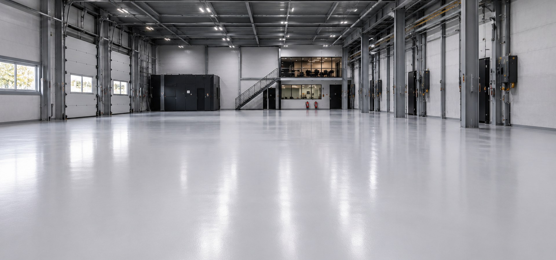 Ruime industriële hal met glanzende naadloze gietvloer